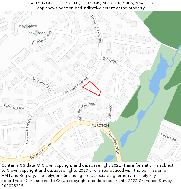 74, LYNMOUTH CRESCENT, FURZTON, MILTON KEYNES, MK4 1HD: Location map and indicative extent of plot