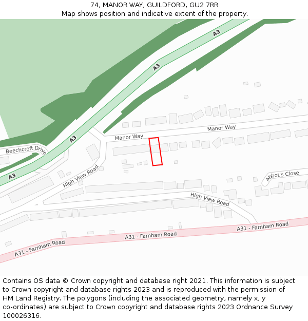 74, MANOR WAY, GUILDFORD, GU2 7RR: Location map and indicative extent of plot