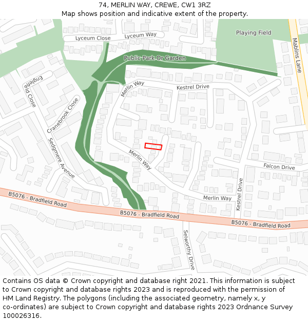 74, MERLIN WAY, CREWE, CW1 3RZ: Location map and indicative extent of plot