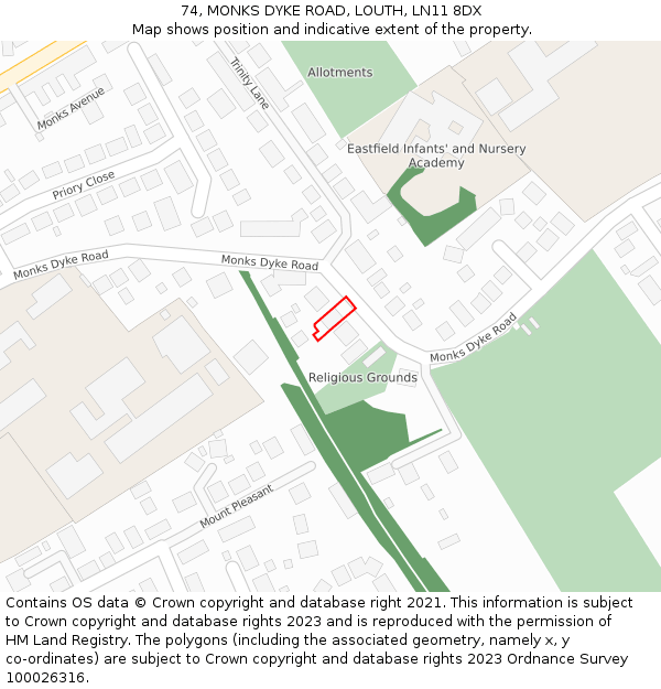 74, MONKS DYKE ROAD, LOUTH, LN11 8DX: Location map and indicative extent of plot