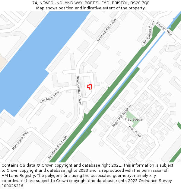 74, NEWFOUNDLAND WAY, PORTISHEAD, BRISTOL, BS20 7QE: Location map and indicative extent of plot