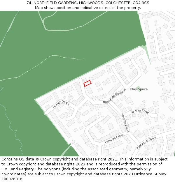 74, NORTHFIELD GARDENS, HIGHWOODS, COLCHESTER, CO4 9SS: Location map and indicative extent of plot