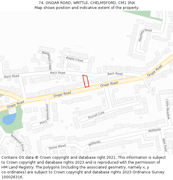 74, ONGAR ROAD, WRITTLE, CHELMSFORD, CM1 3NX: Location map and indicative extent of plot