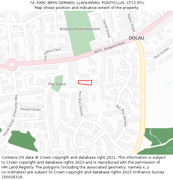 74, PARC BRYN DERWEN, LLANHARAN, PONTYCLUN, CF72 9TU: Location map and indicative extent of plot
