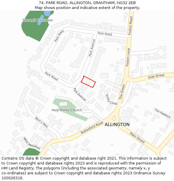 74, PARK ROAD, ALLINGTON, GRANTHAM, NG32 2EB: Location map and indicative extent of plot