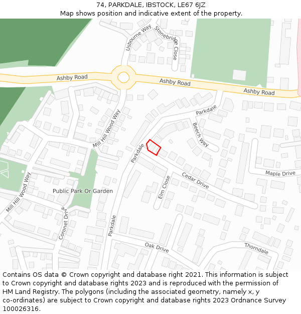 74, PARKDALE, IBSTOCK, LE67 6JZ: Location map and indicative extent of plot