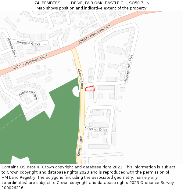 74, PEMBERS HILL DRIVE, FAIR OAK, EASTLEIGH, SO50 7HN: Location map and indicative extent of plot