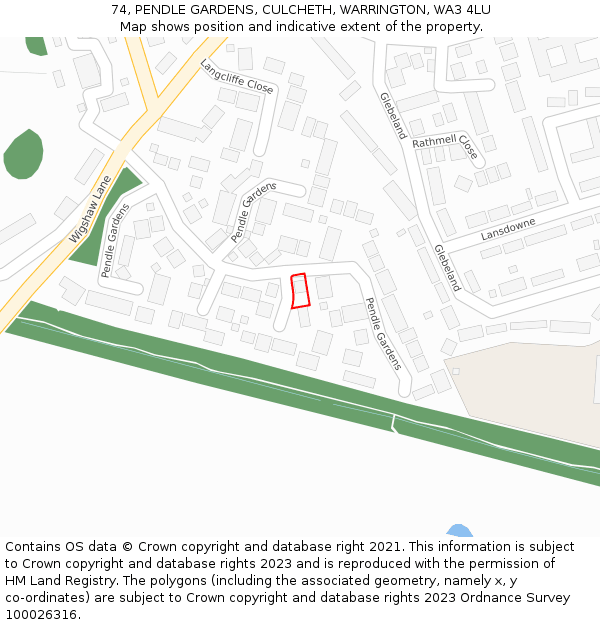 74, PENDLE GARDENS, CULCHETH, WARRINGTON, WA3 4LU: Location map and indicative extent of plot