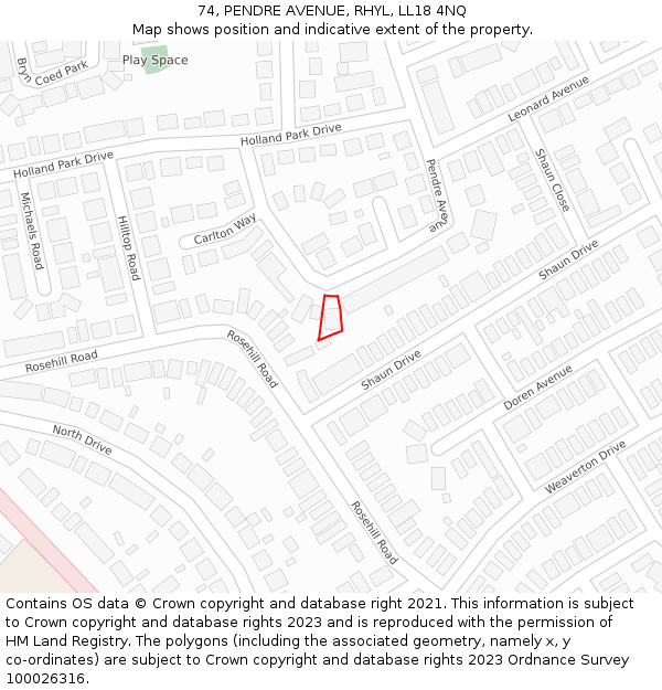 74, PENDRE AVENUE, RHYL, LL18 4NQ: Location map and indicative extent of plot