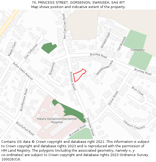 74, PRINCESS STREET, GORSEINON, SWANSEA, SA4 4FT: Location map and indicative extent of plot