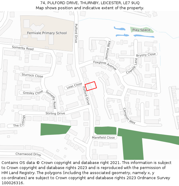 74, PULFORD DRIVE, THURNBY, LEICESTER, LE7 9UQ: Location map and indicative extent of plot