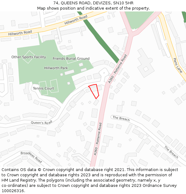 74, QUEENS ROAD, DEVIZES, SN10 5HR: Location map and indicative extent of plot
