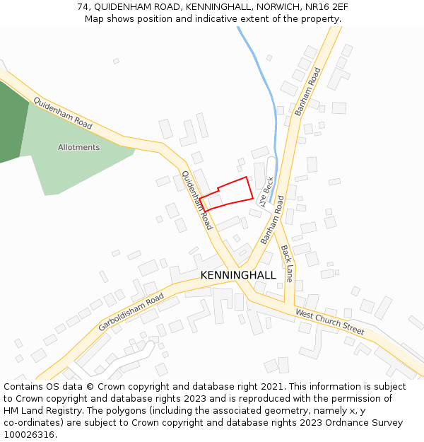 74, QUIDENHAM ROAD, KENNINGHALL, NORWICH, NR16 2EF: Location map and indicative extent of plot