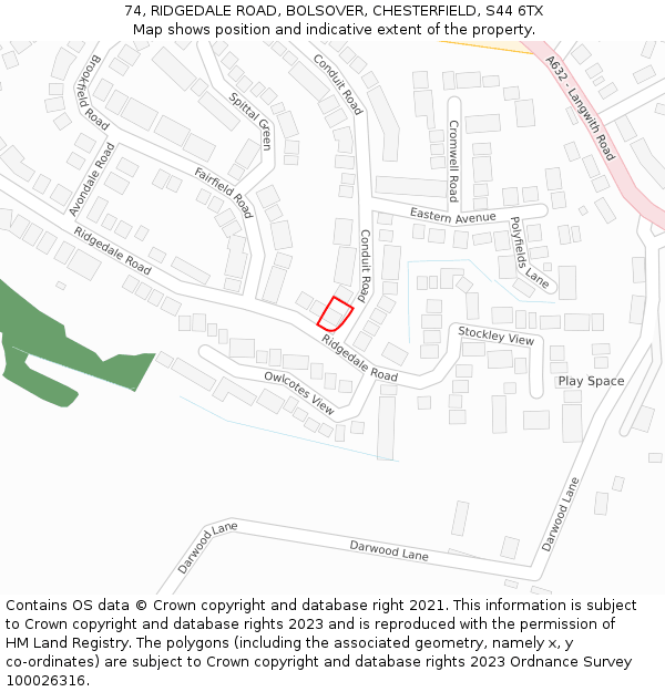 74, RIDGEDALE ROAD, BOLSOVER, CHESTERFIELD, S44 6TX: Location map and indicative extent of plot