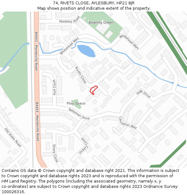 74, RIVETS CLOSE, AYLESBURY, HP21 8JR: Location map and indicative extent of plot