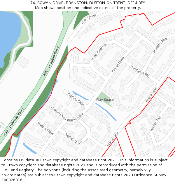 74, ROWAN DRIVE, BRANSTON, BURTON-ON-TRENT, DE14 3FY: Location map and indicative extent of plot