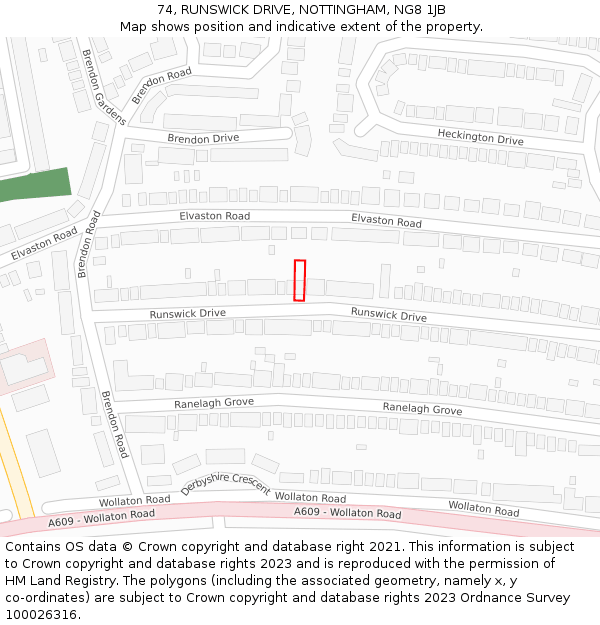 74, RUNSWICK DRIVE, NOTTINGHAM, NG8 1JB: Location map and indicative extent of plot