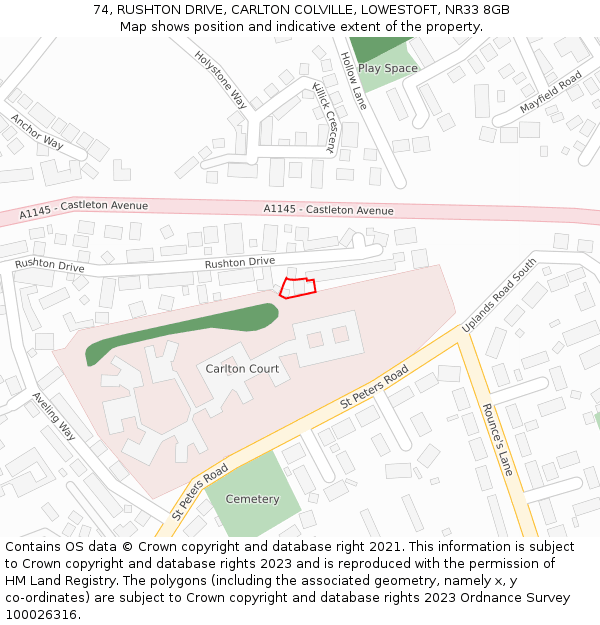 74, RUSHTON DRIVE, CARLTON COLVILLE, LOWESTOFT, NR33 8GB: Location map and indicative extent of plot