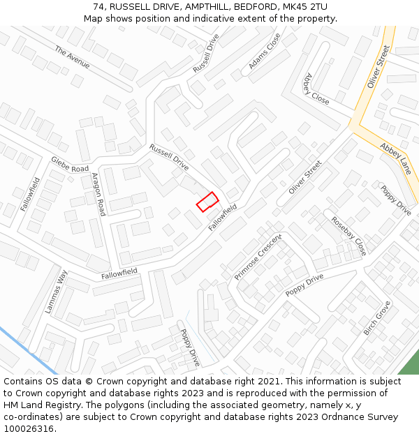 74, RUSSELL DRIVE, AMPTHILL, BEDFORD, MK45 2TU: Location map and indicative extent of plot