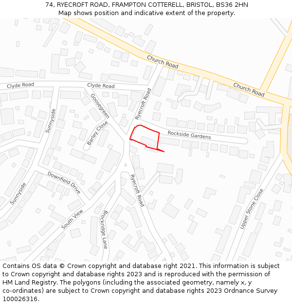 74, RYECROFT ROAD, FRAMPTON COTTERELL, BRISTOL, BS36 2HN: Location map and indicative extent of plot