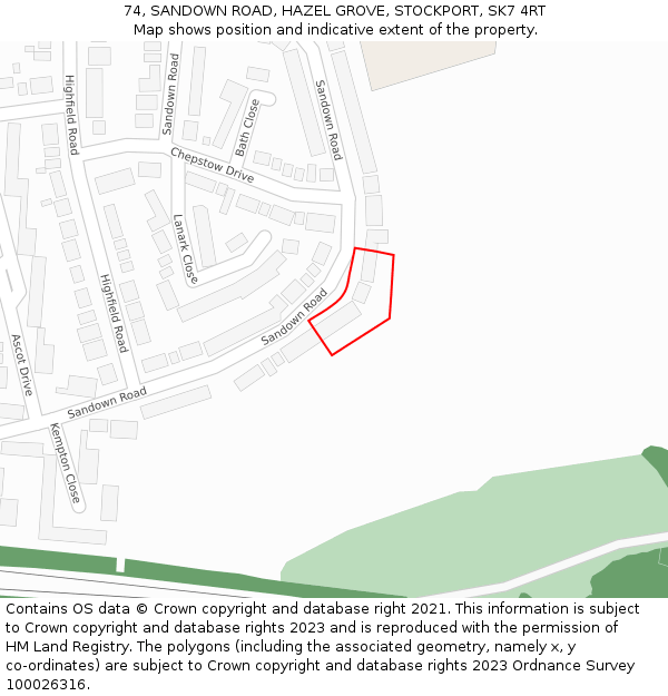 74, SANDOWN ROAD, HAZEL GROVE, STOCKPORT, SK7 4RT: Location map and indicative extent of plot