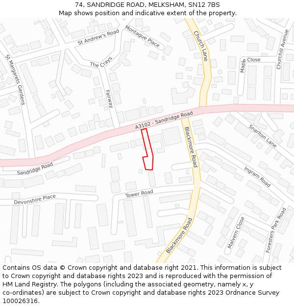 74, SANDRIDGE ROAD, MELKSHAM, SN12 7BS: Location map and indicative extent of plot