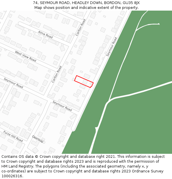 74, SEYMOUR ROAD, HEADLEY DOWN, BORDON, GU35 8JX: Location map and indicative extent of plot