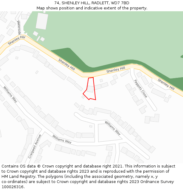 74, SHENLEY HILL, RADLETT, WD7 7BD: Location map and indicative extent of plot