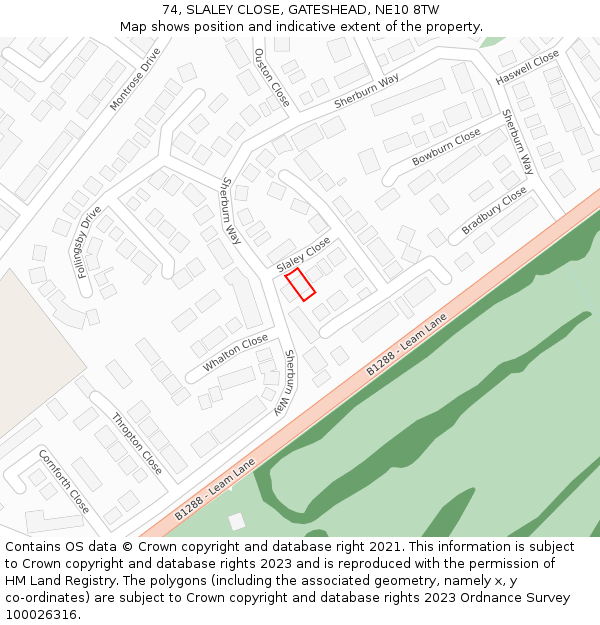 74, SLALEY CLOSE, GATESHEAD, NE10 8TW: Location map and indicative extent of plot