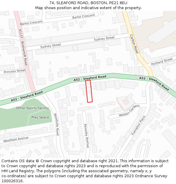 74, SLEAFORD ROAD, BOSTON, PE21 8EU: Location map and indicative extent of plot