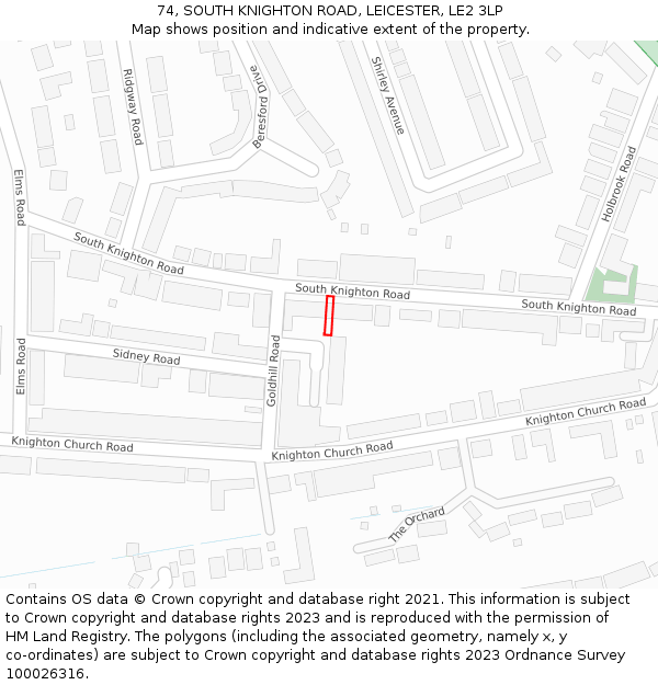 74, SOUTH KNIGHTON ROAD, LEICESTER, LE2 3LP: Location map and indicative extent of plot