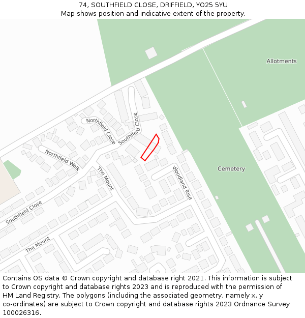 74, SOUTHFIELD CLOSE, DRIFFIELD, YO25 5YU: Location map and indicative extent of plot