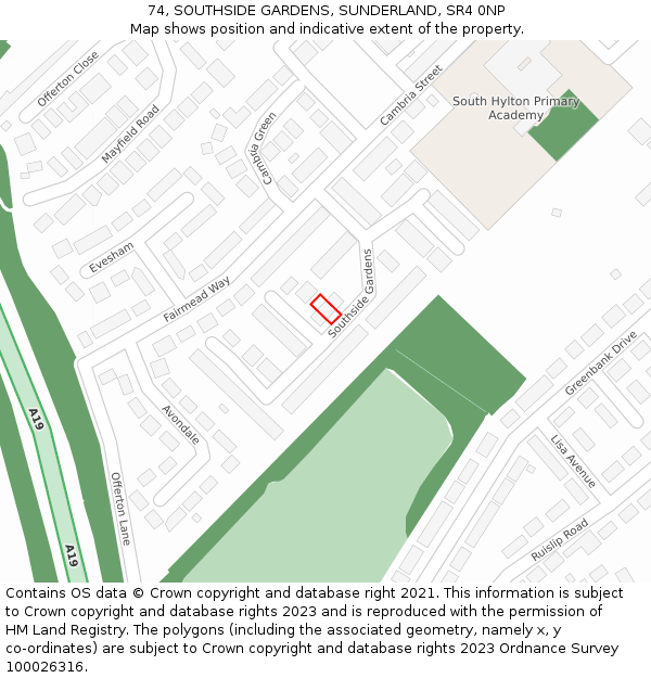 74, SOUTHSIDE GARDENS, SUNDERLAND, SR4 0NP: Location map and indicative extent of plot