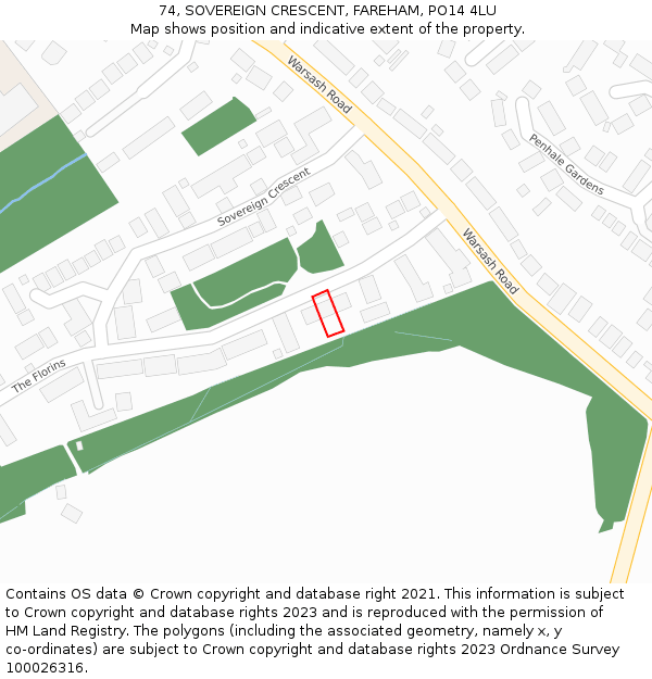 74, SOVEREIGN CRESCENT, FAREHAM, PO14 4LU: Location map and indicative extent of plot