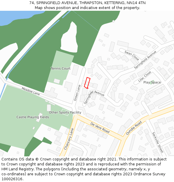 74, SPRINGFIELD AVENUE, THRAPSTON, KETTERING, NN14 4TN: Location map and indicative extent of plot