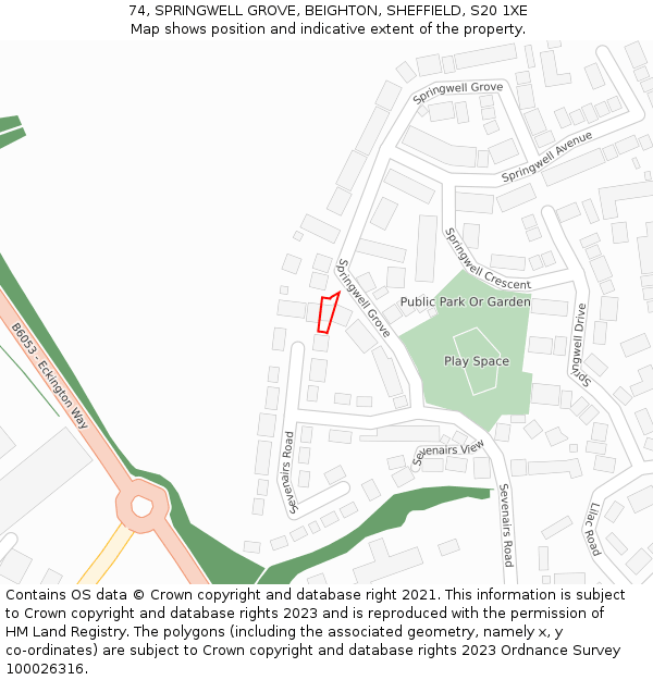 74, SPRINGWELL GROVE, BEIGHTON, SHEFFIELD, S20 1XE: Location map and indicative extent of plot