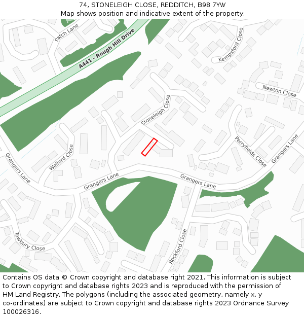 74, STONELEIGH CLOSE, REDDITCH, B98 7YW: Location map and indicative extent of plot