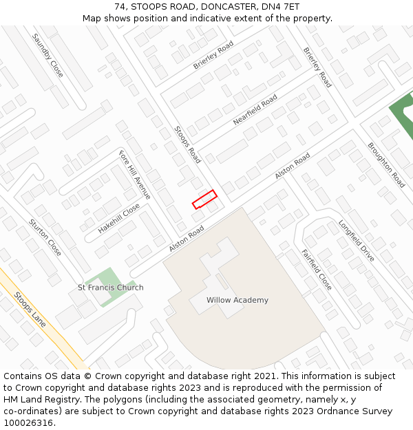 74, STOOPS ROAD, DONCASTER, DN4 7ET: Location map and indicative extent of plot