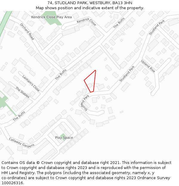 74, STUDLAND PARK, WESTBURY, BA13 3HN: Location map and indicative extent of plot