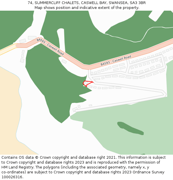 74, SUMMERCLIFF CHALETS, CASWELL BAY, SWANSEA, SA3 3BR: Location map and indicative extent of plot