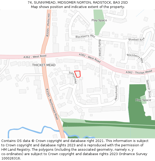 74, SUNNYMEAD, MIDSOMER NORTON, RADSTOCK, BA3 2SD: Location map and indicative extent of plot