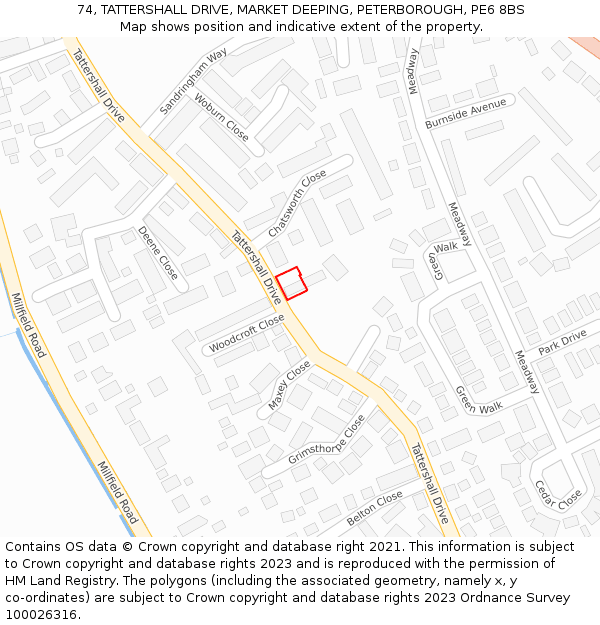 74, TATTERSHALL DRIVE, MARKET DEEPING, PETERBOROUGH, PE6 8BS: Location map and indicative extent of plot