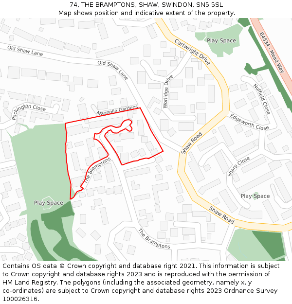 74, THE BRAMPTONS, SHAW, SWINDON, SN5 5SL: Location map and indicative extent of plot