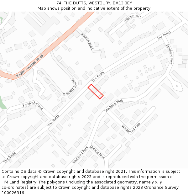 74, THE BUTTS, WESTBURY, BA13 3EY: Location map and indicative extent of plot