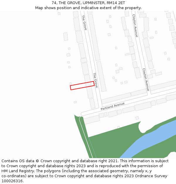 74, THE GROVE, UPMINSTER, RM14 2ET: Location map and indicative extent of plot
