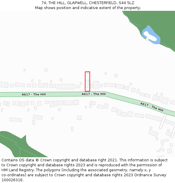 74, THE HILL, GLAPWELL, CHESTERFIELD, S44 5LZ: Location map and indicative extent of plot