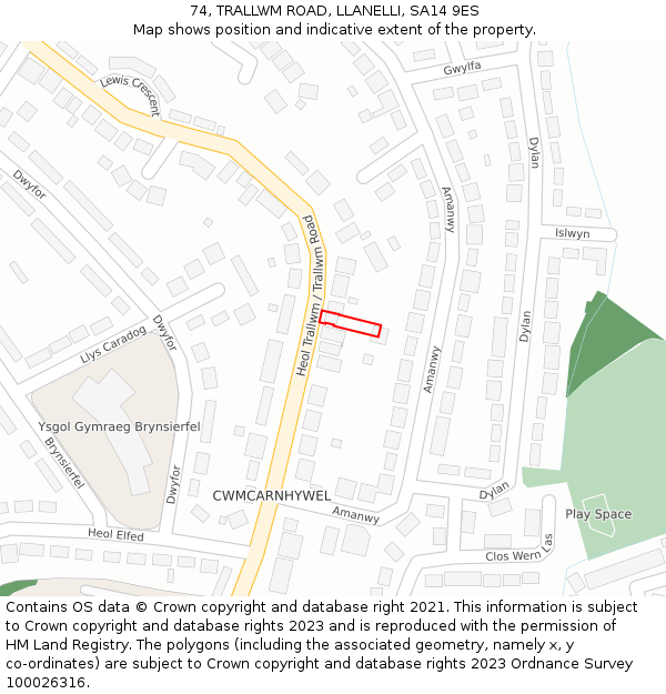 74, TRALLWM ROAD, LLANELLI, SA14 9ES: Location map and indicative extent of plot