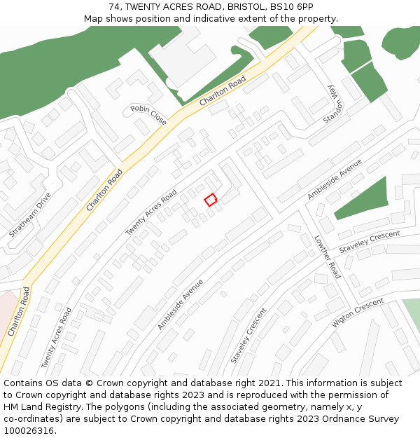 74, TWENTY ACRES ROAD, BRISTOL, BS10 6PP: Location map and indicative extent of plot