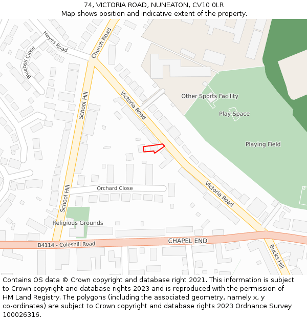 74, VICTORIA ROAD, NUNEATON, CV10 0LR: Location map and indicative extent of plot