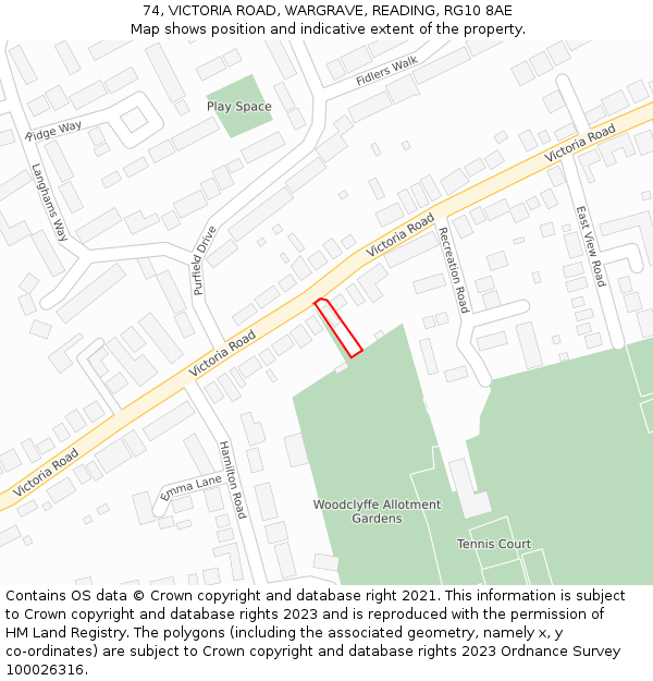 74, VICTORIA ROAD, WARGRAVE, READING, RG10 8AE: Location map and indicative extent of plot